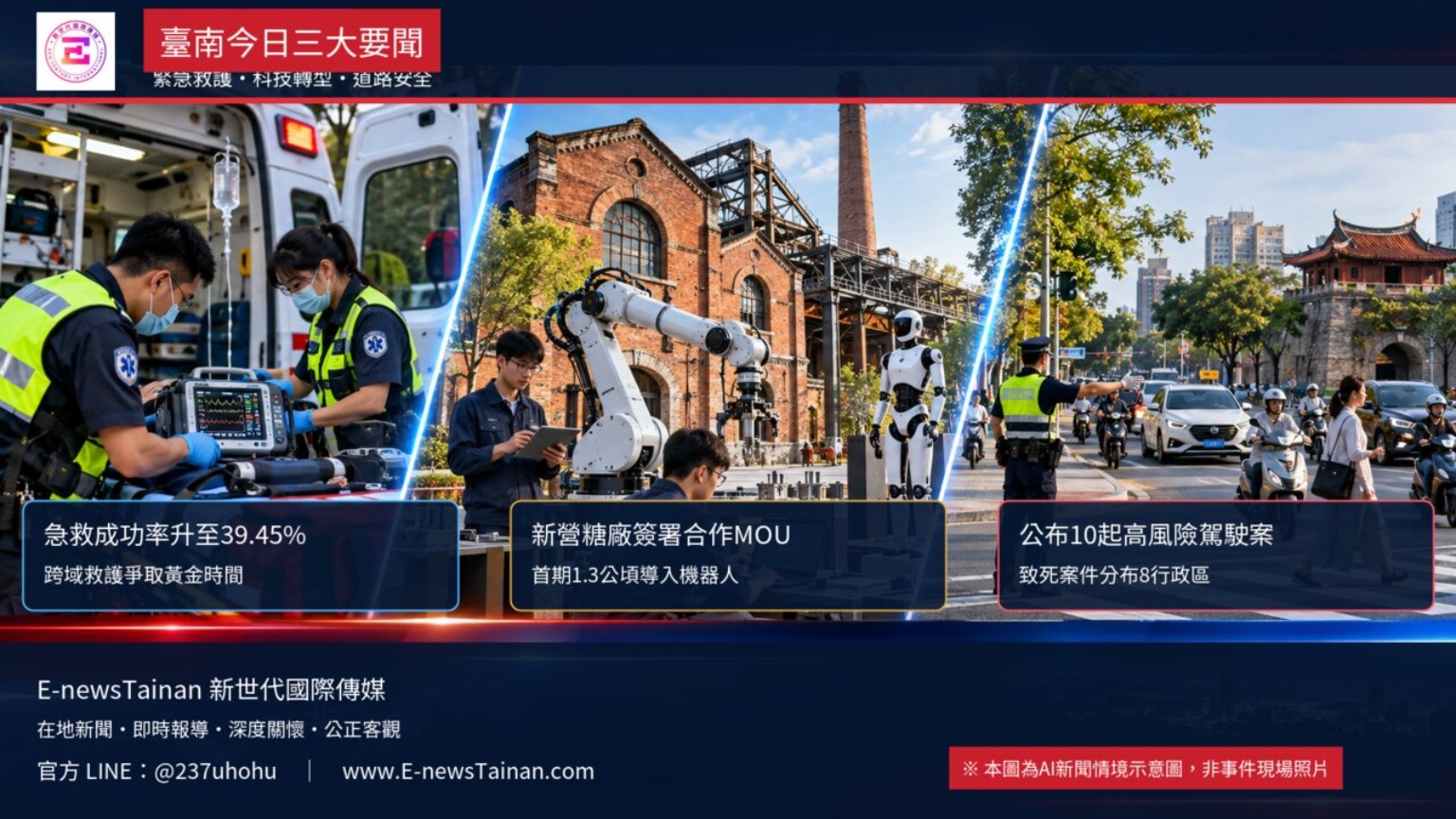 E-newsTainan台南三大新聞主視覺：緊急救護成功率、新營糖廠機器人科技場域及高風險駕駛事件