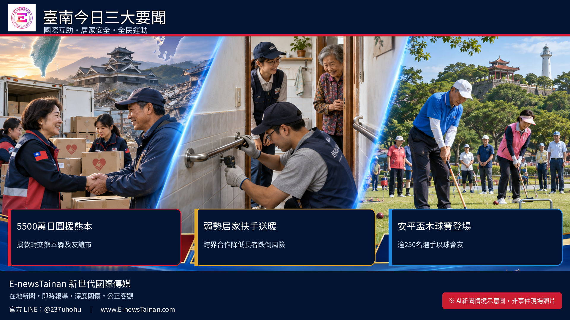 台南5500萬日圓援熊本、33區330戶處裝設扶手及安平盃木球賽AI新聞情境示意圖