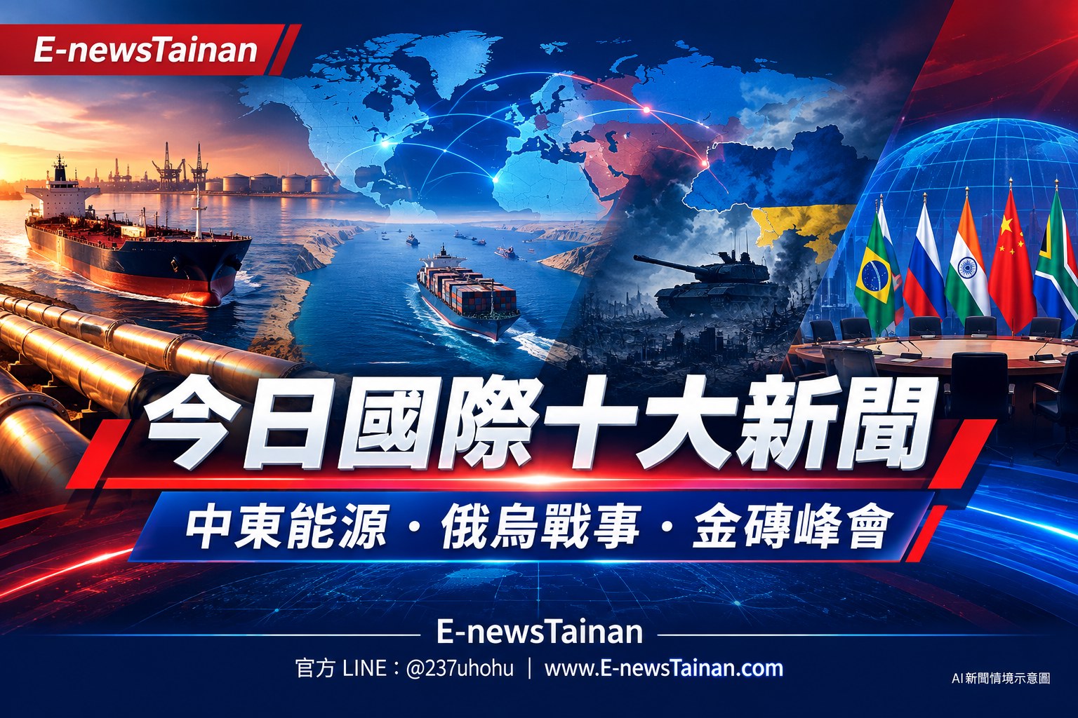 E-newsTainan 2026年9月14日國際十大新聞,中東能源、航運、俄烏戰事與金磚峰會情境示意圖