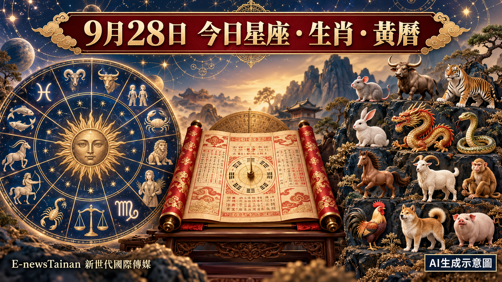 9月28日星座、十二生肖與黃曆整合圖，AI生成示意圖