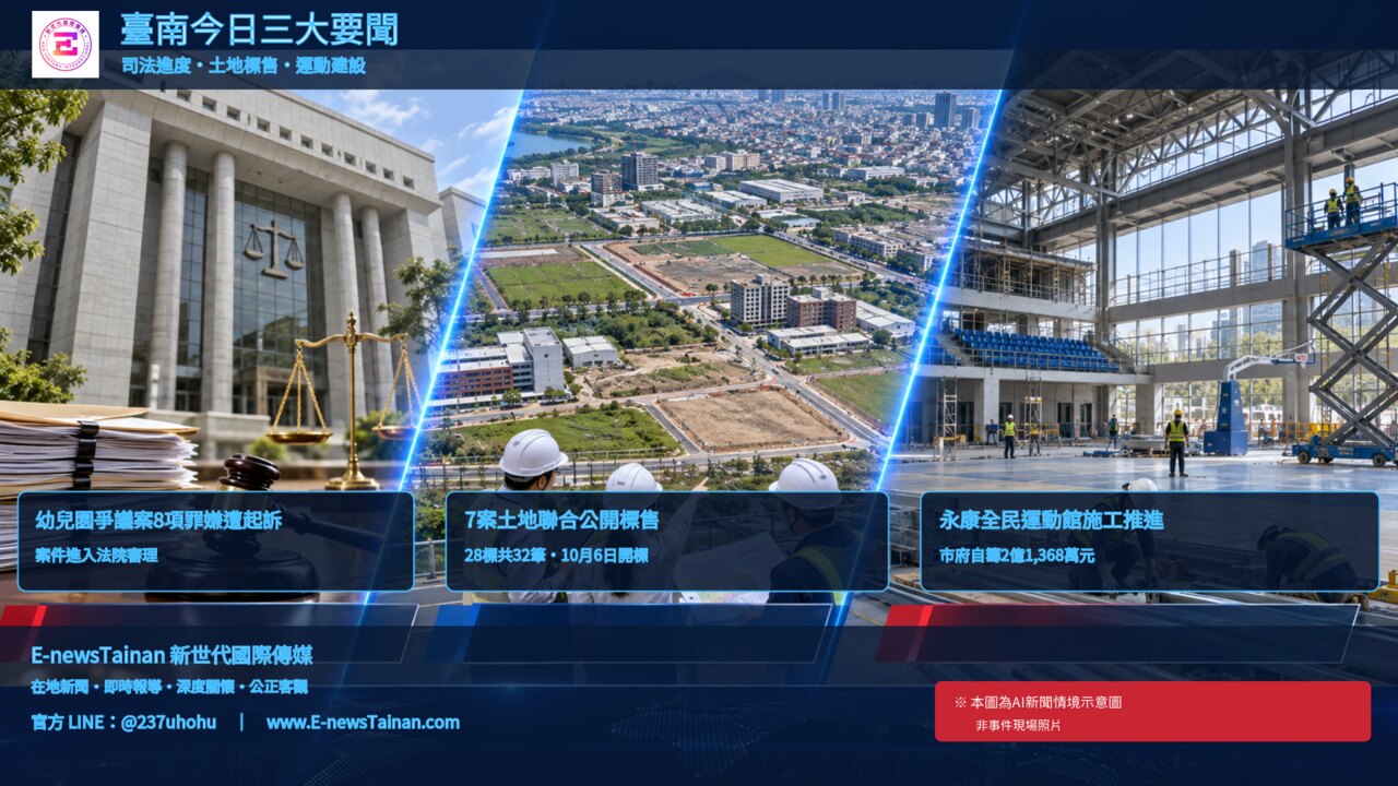 台南三大新聞AI情境示意圖：幼兒園爭議案司法進度、土地聯合標售與永康全民運動館施工