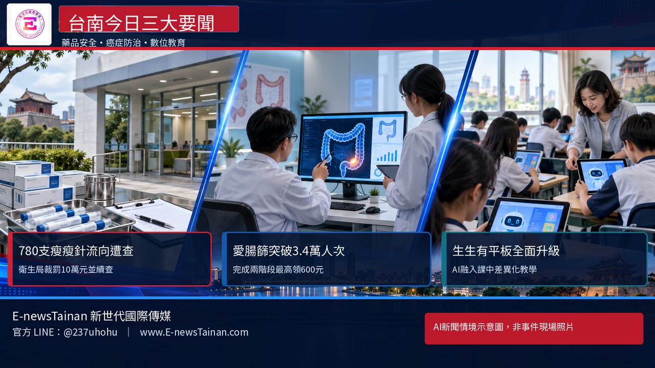 台南三大新聞AI情境示意圖：瘦瘦針藥品查核、愛腸篩及生生有平板數位教育