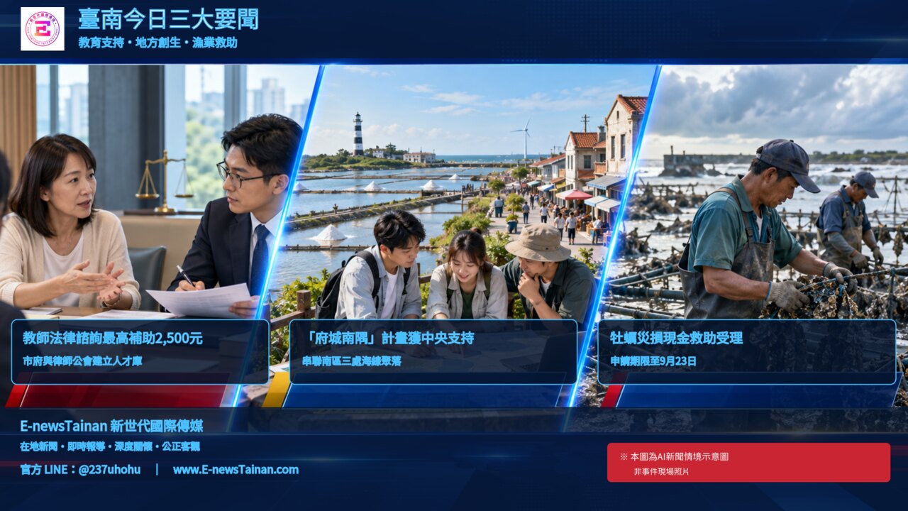 台南三大新聞AI情境示意圖：教師法律諮詢、南區地方創生與牡蠣災損救助