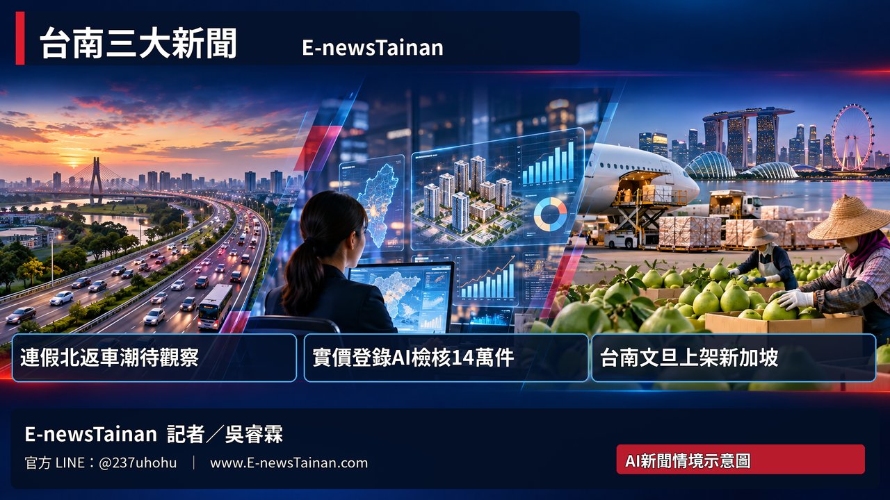 AI新聞情境示意圖：台南連假交通、實價登錄智慧檢核及文旦外銷新加坡