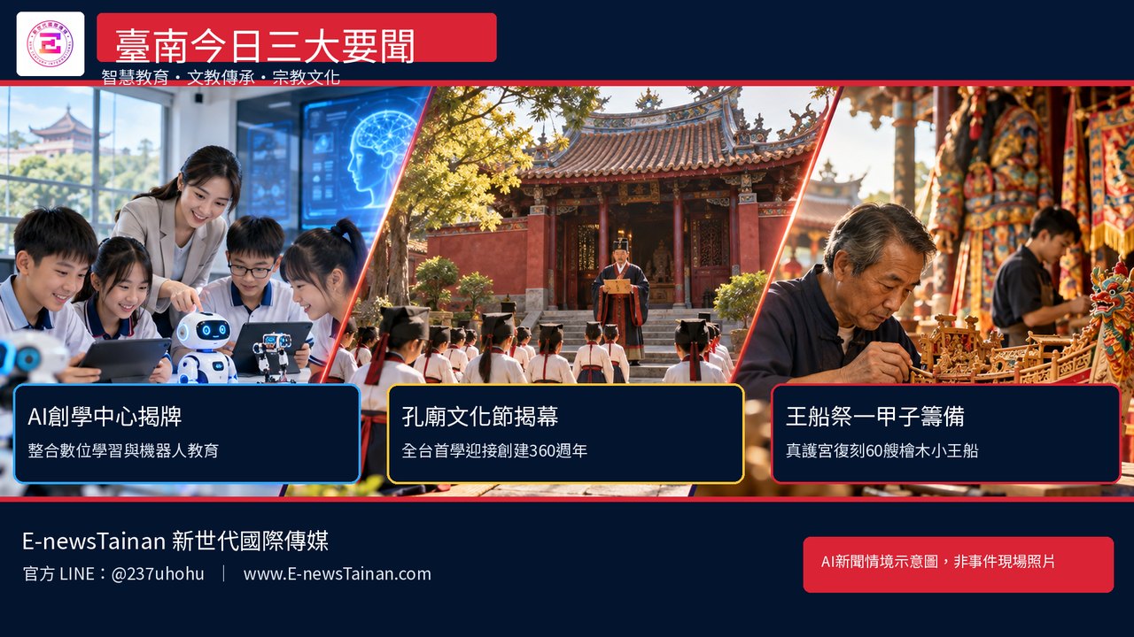 台南三大新聞AI情境示意圖：AI創學中心、孔廟文化節與王船祭籌備