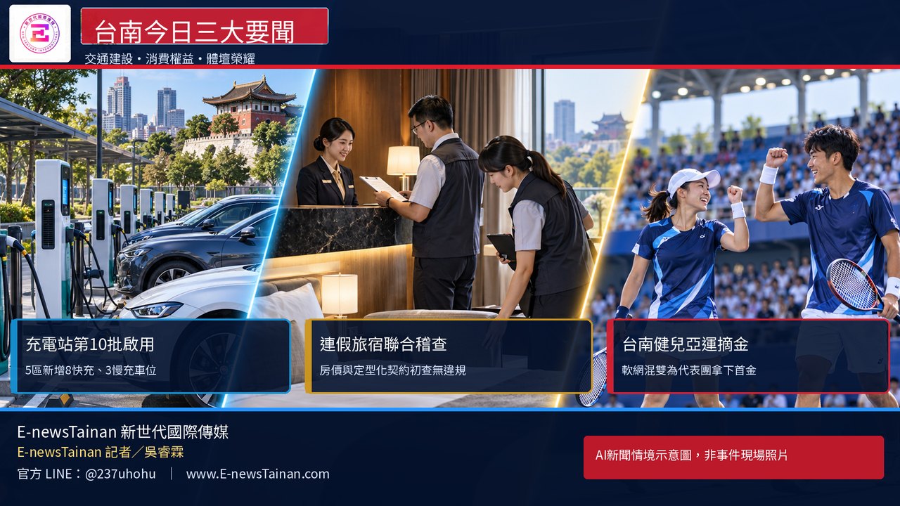 E-newsTainan台南三大新聞情境圖：公共充電站、旅宿稽查與軟式網球亞運摘金
