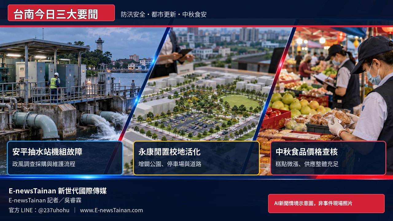 E-newsTainan 台南三大新聞 AI新聞情境示意圖：安平抽水站故障調查、永康閒置校地活化及中秋食品價格查核
