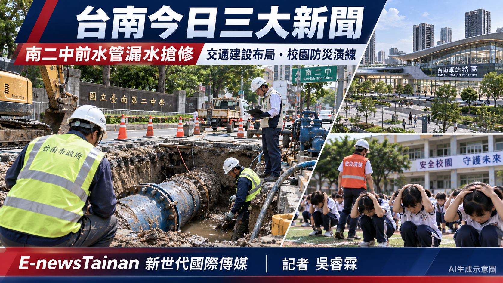 台南今日三大新聞：南二中前水管漏水搶修、交通建設布局與校園防災演練，AI生成示意圖