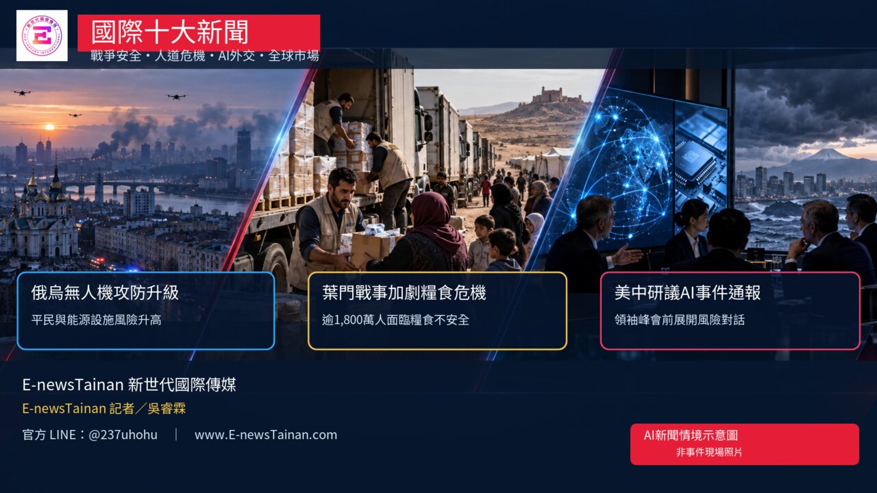E-newsTainan國際十大新聞AI情境示意圖，呈現俄烏無人機攻防、葉門糧食危機與美中AI事件通報