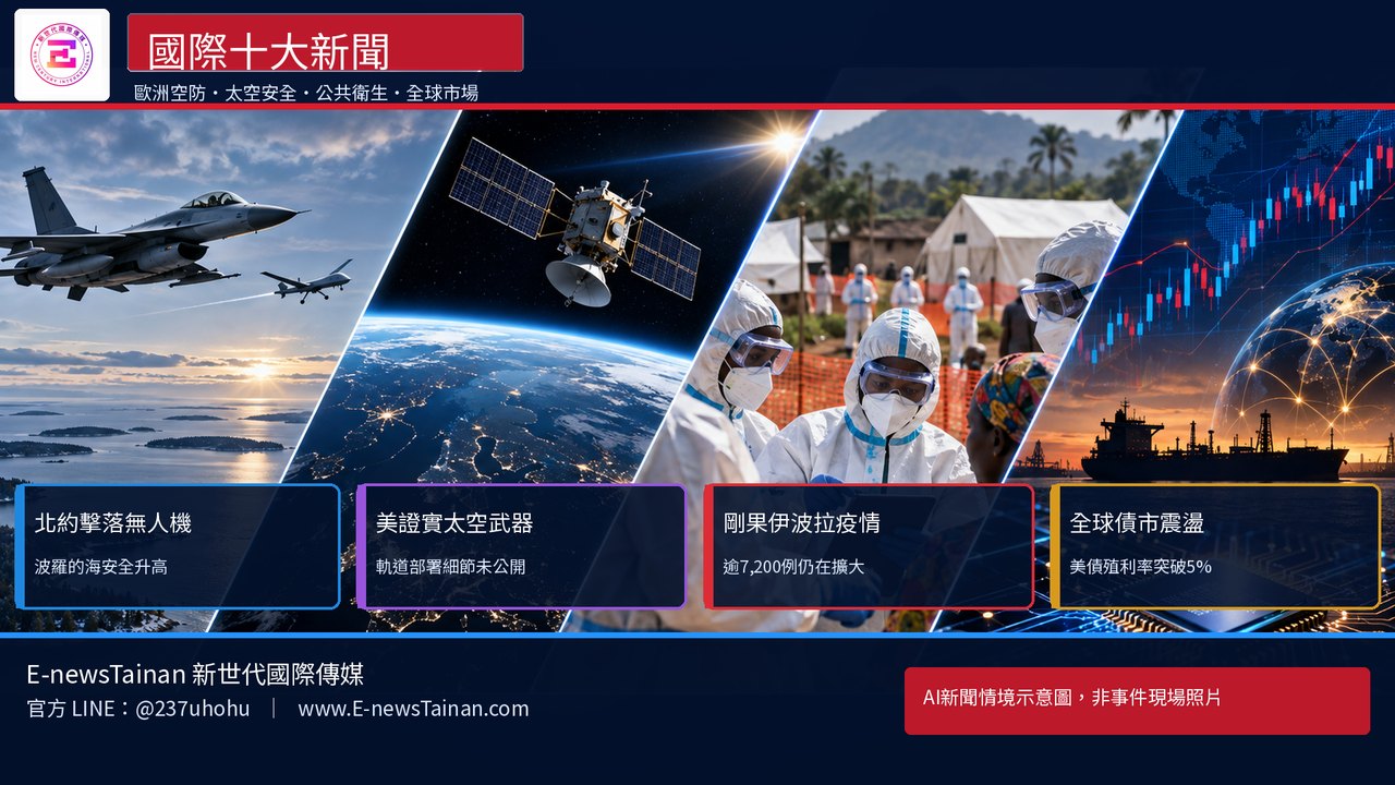 國際十大新聞AI情境示意圖，呈現北約空防、美國太空武器、剛果伊波拉疫情及全球債市震盪