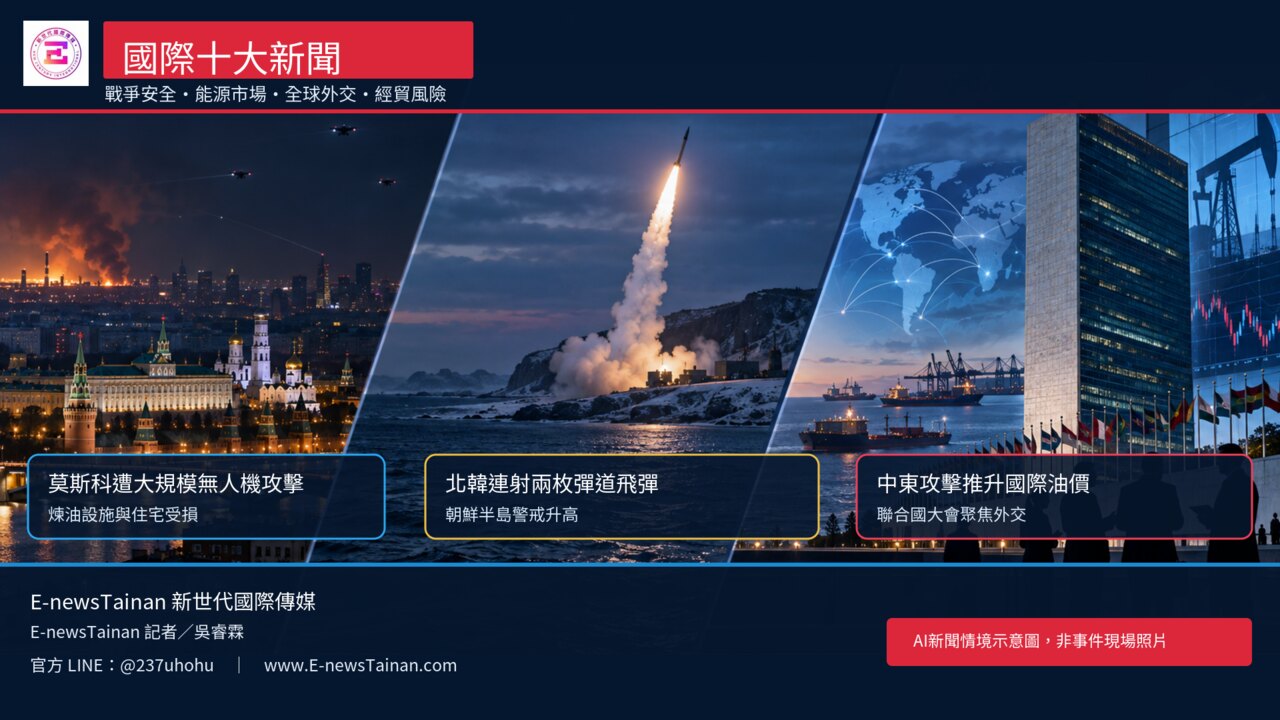 E-newsTainan國際十大新聞AI情境示意圖，呈現莫斯科無人機攻擊、北韓飛彈與全球能源外交焦點