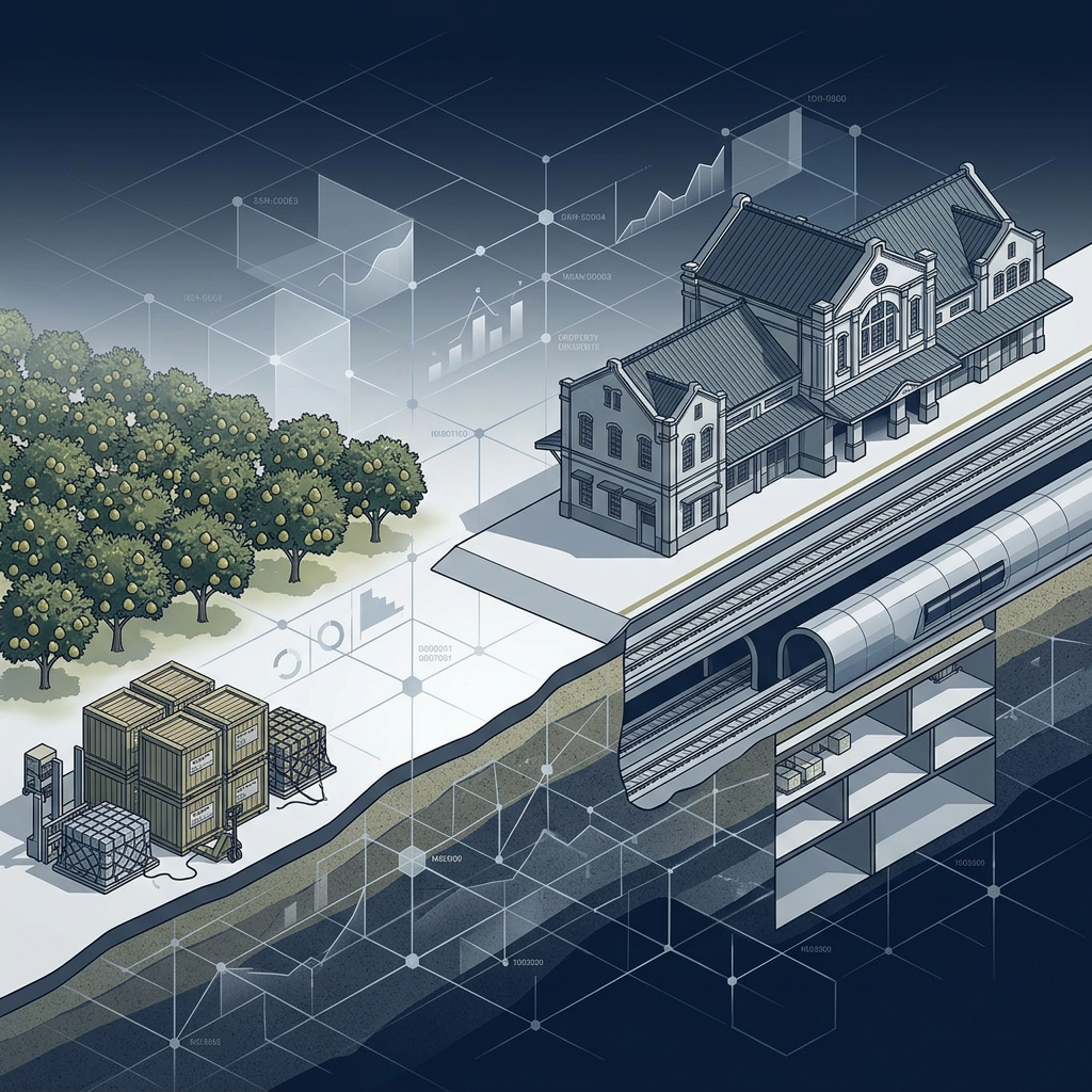 Illustrated rail station, freight containers, orchards, and network data overlays
