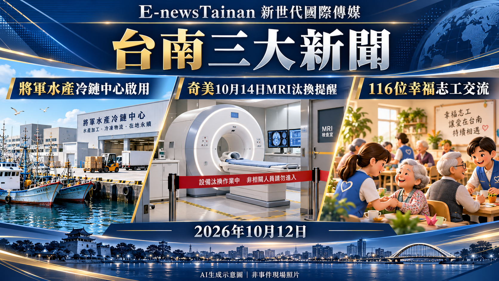 將軍水產冷鏈中心啟用、奇美10月14日MRI汰換提醒、116位幸福志工交流；AI生成示意圖，非事件現場照片