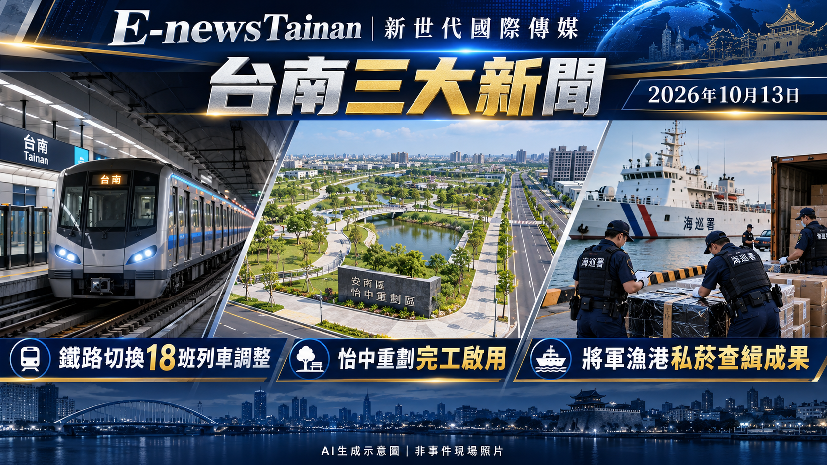 台南三大新聞：鐵路切換18班列車調整、怡中重劃啟用、將軍漁港私菸查緝成果。AI生成示意圖，非事件現場照片。