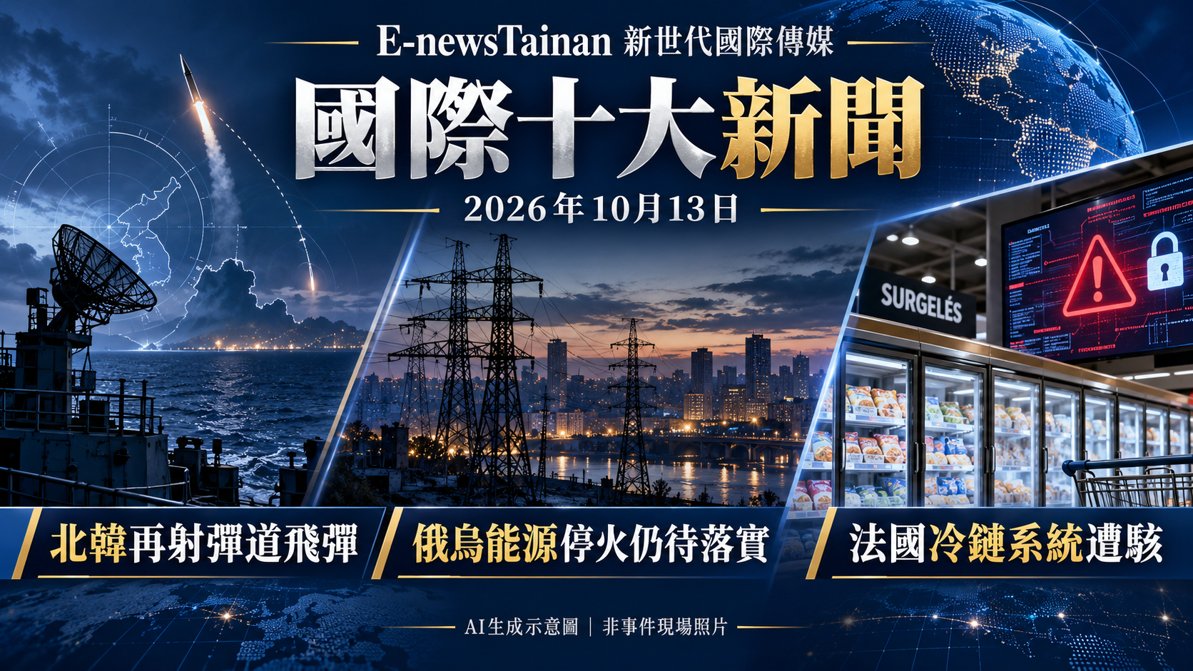 2026年10月13日國際十大新聞：北韓飛彈、俄烏能源停火與法國冷鏈資安事件；AI生成示意圖，非事件現場照片。