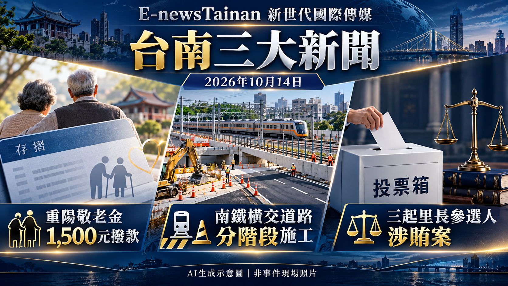 重陽敬老金撥款、南鐵橫交道路分階段施工、三起里長參選人涉賄案；AI生成示意圖，非事件現場照片。