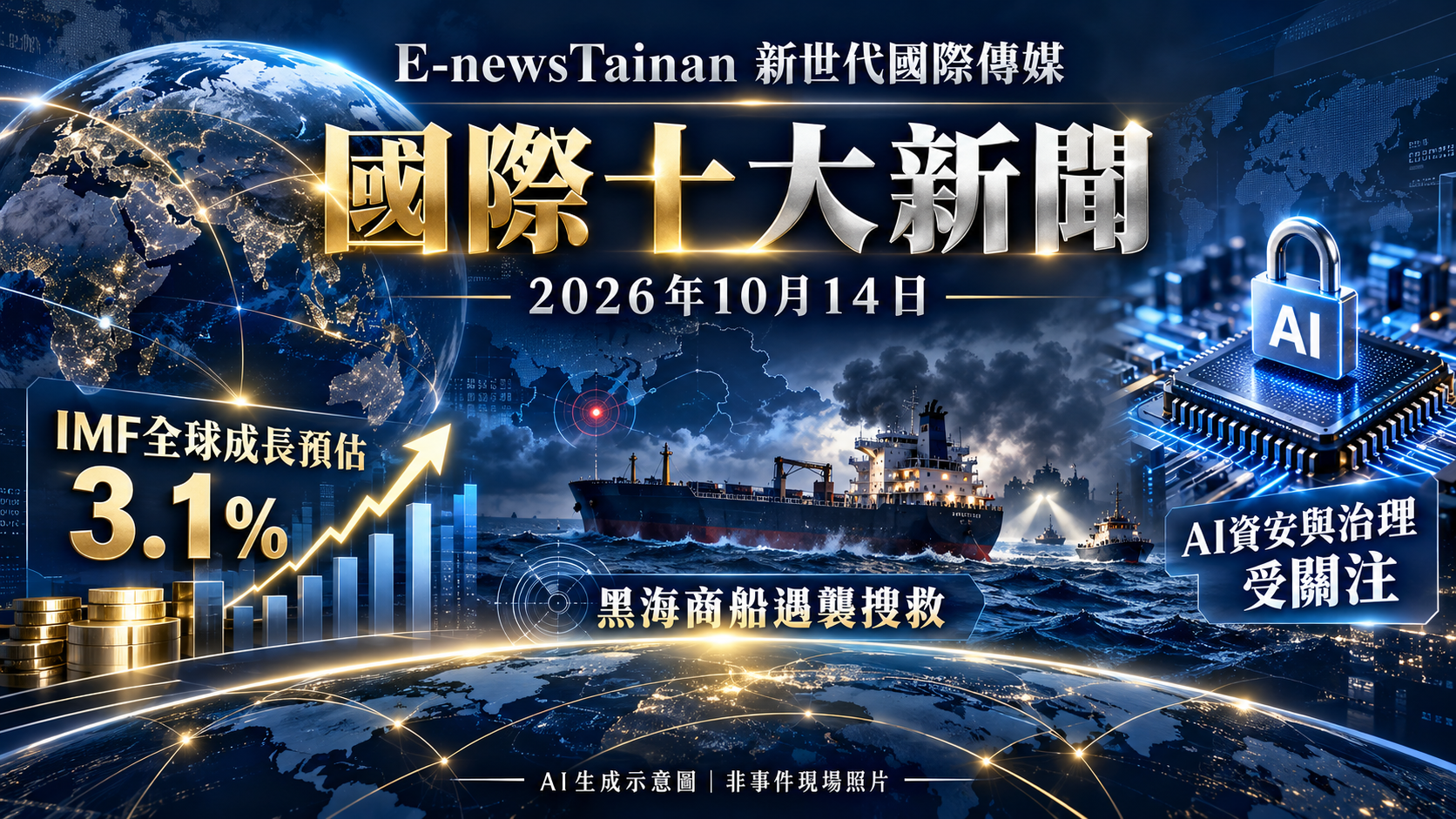 IMF全球成長預估3.1%、黑海商船搜救、AI資安治理；AI生成示意圖，非事件現場照片。