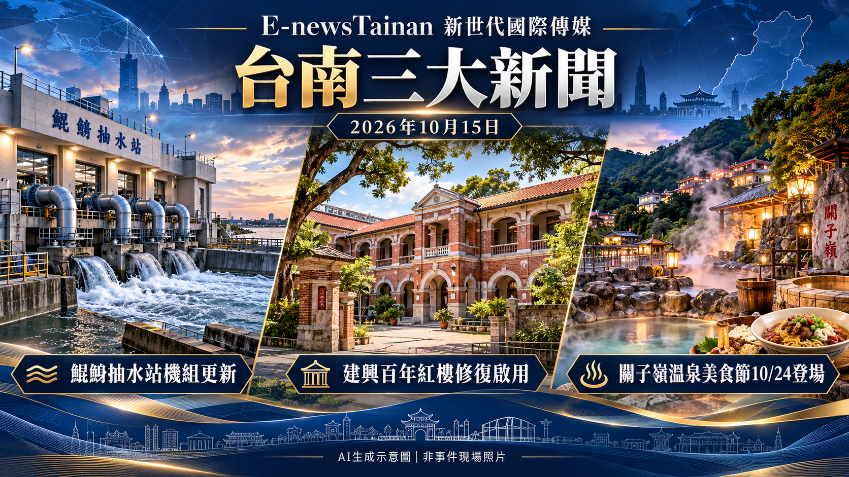 鯤鯓抽水站更新、建興紅樓修復啟用、關子嶺溫泉美食節24日登場；AI生成示意圖，建築與設備為概念呈現，非現場照片。