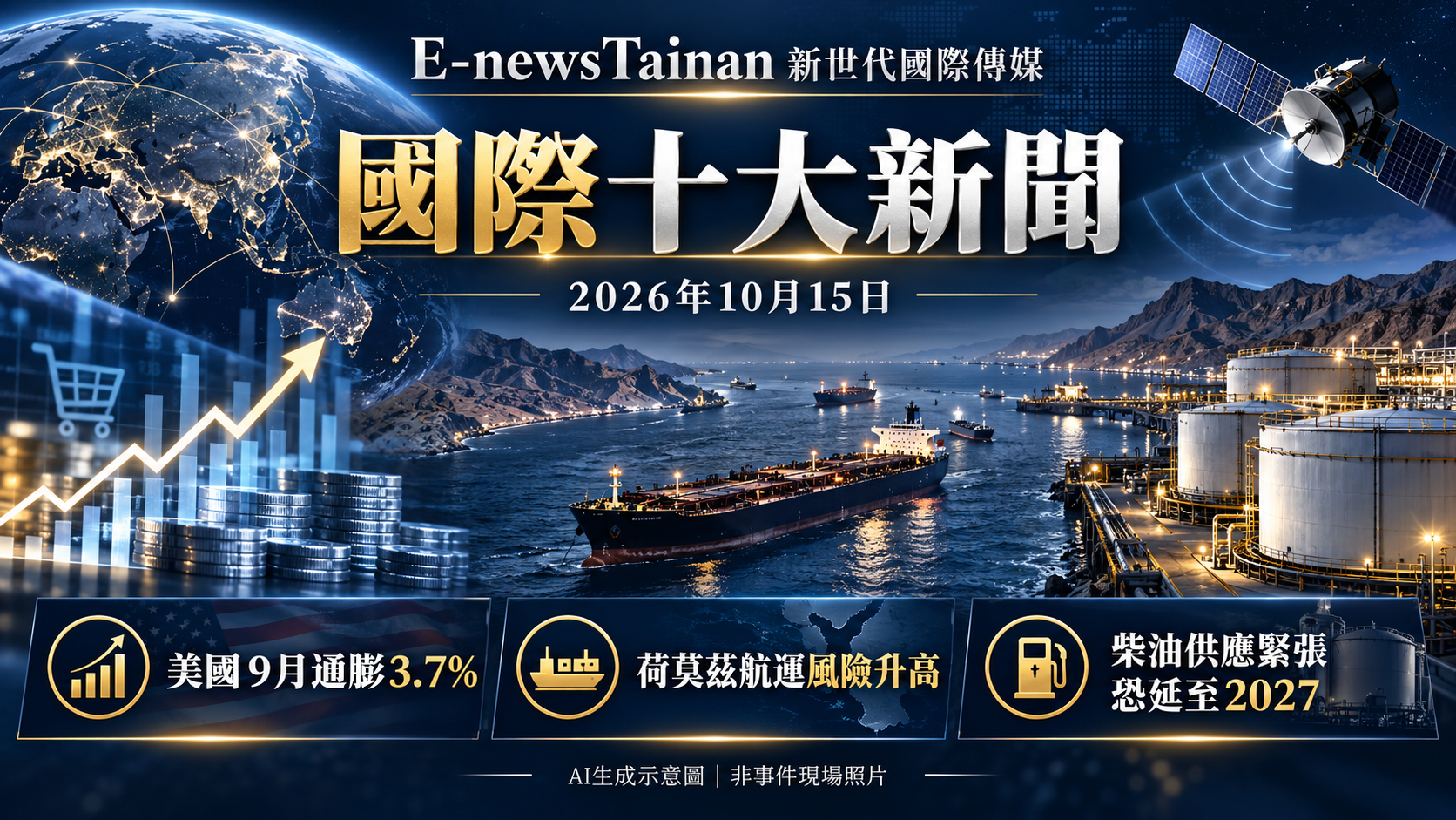美國9月通膨3.7%、荷莫茲航運風險、柴油供應警訊；AI生成示意圖，非事件現場照片。