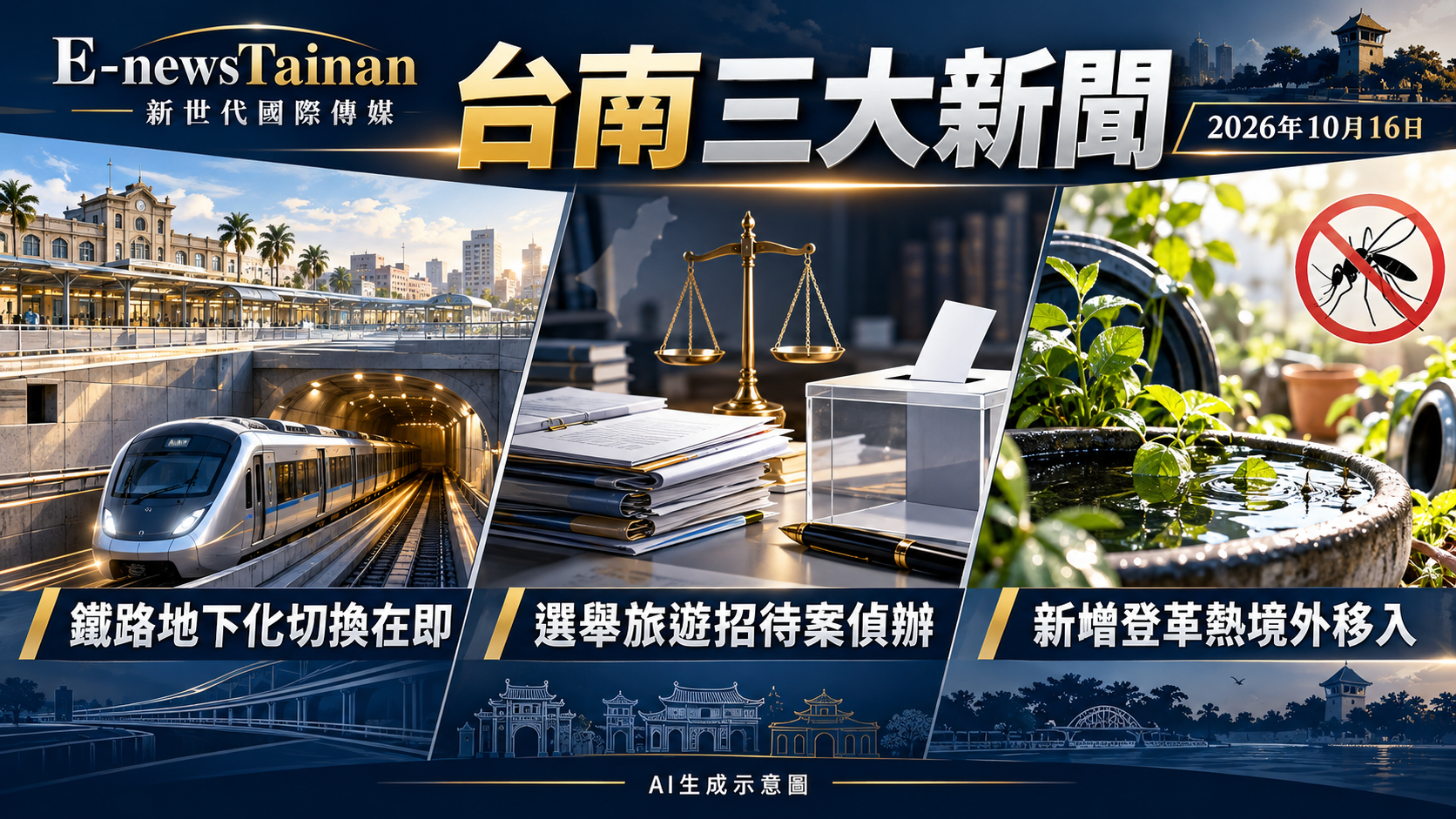 台南三大新聞：鐵路地下化切換在即、選舉旅遊招待案偵辦、新增登革熱境外移入；2026年10月16日，AI生成示意圖。