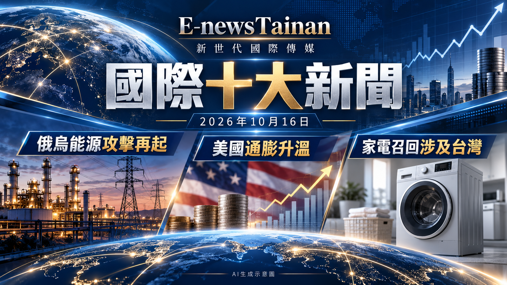 2026年10月16日國際十大新聞:俄烏能源攻擊再起、美國通膨升溫、家電召回涉及台灣;AI生成示意圖。