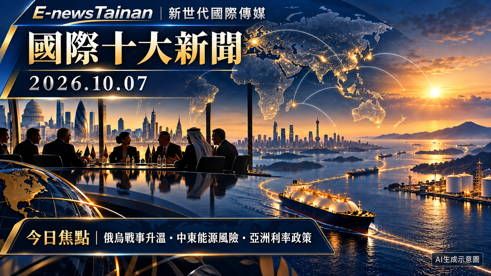 E-newsTainan 2026年10月7日國際十大新聞主視覺：俄烏戰事、中東能源風險、亞洲利率政策；AI生成示意圖