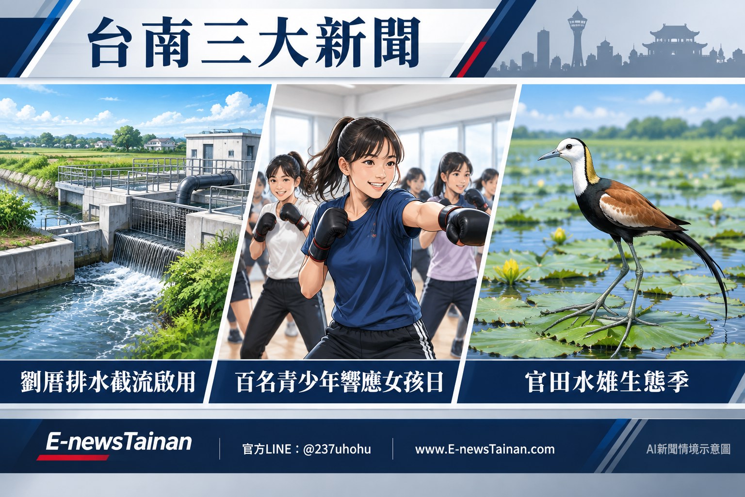 AI新聞情境示意圖：劉厝排水治理、青少年拳擊有氧與官田水雉濕地保育