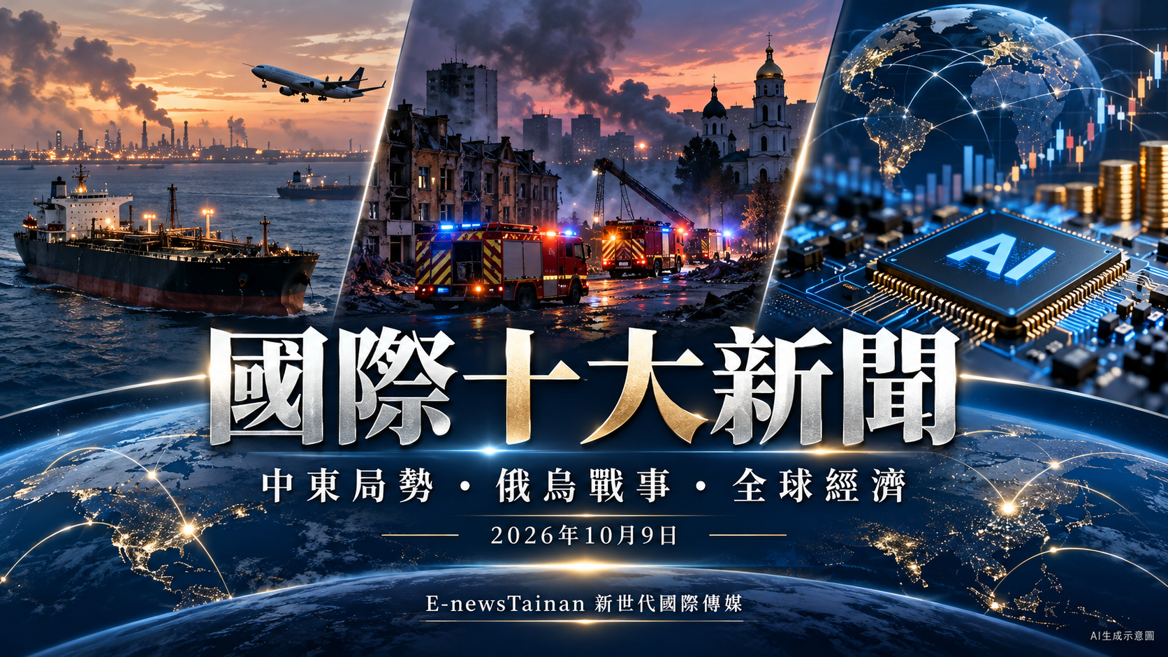 E-newsTainan國際十大新聞AI生成示意圖，呈現中東油運、烏克蘭戰事及全球經濟
