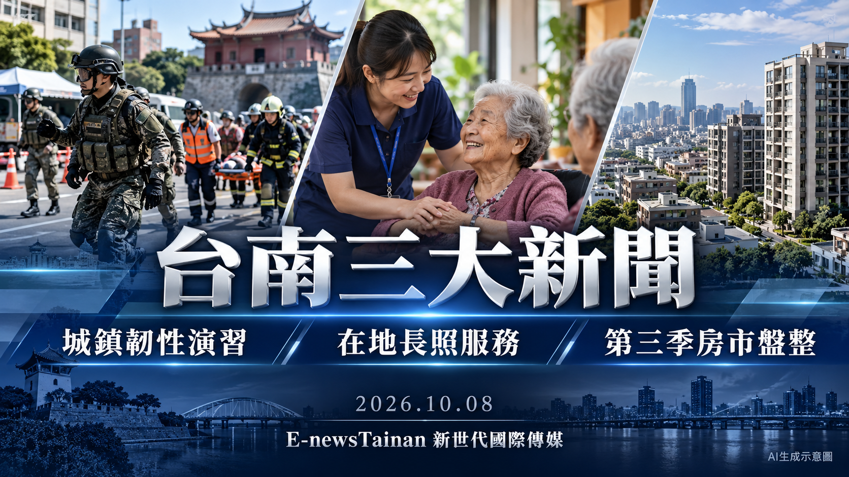 E-newsTainan 台南10月8日三大新聞 AI生成示意圖：城鎮韌性演習、在地長照、第三季房市盤整