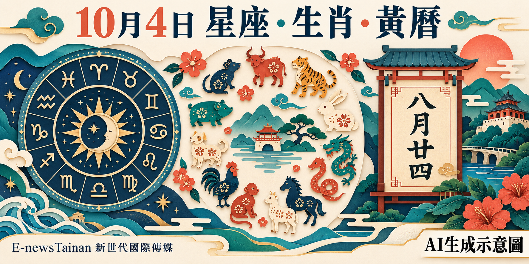 10月4日星座、十二生肖與農曆八月廿四黃曆紙雕插畫，標註AI生成示意圖
