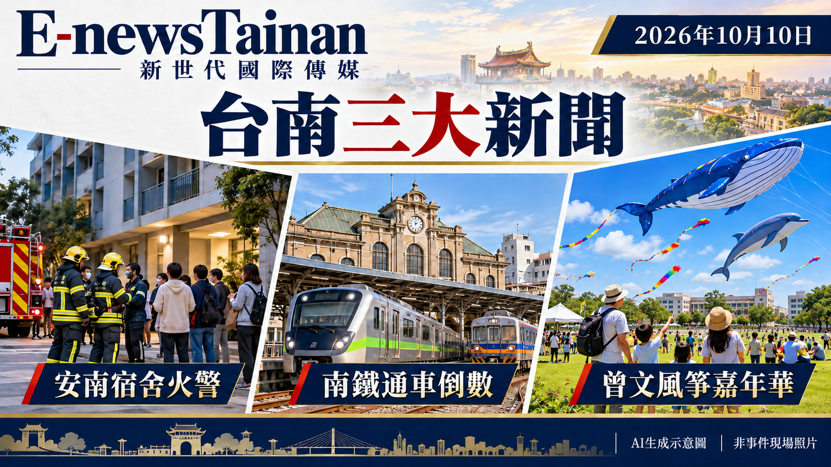 2026年10月10日台南三大新聞：安南宿舍火警、南鐵通車倒數、曾文風箏嘉年華，AI生成示意圖