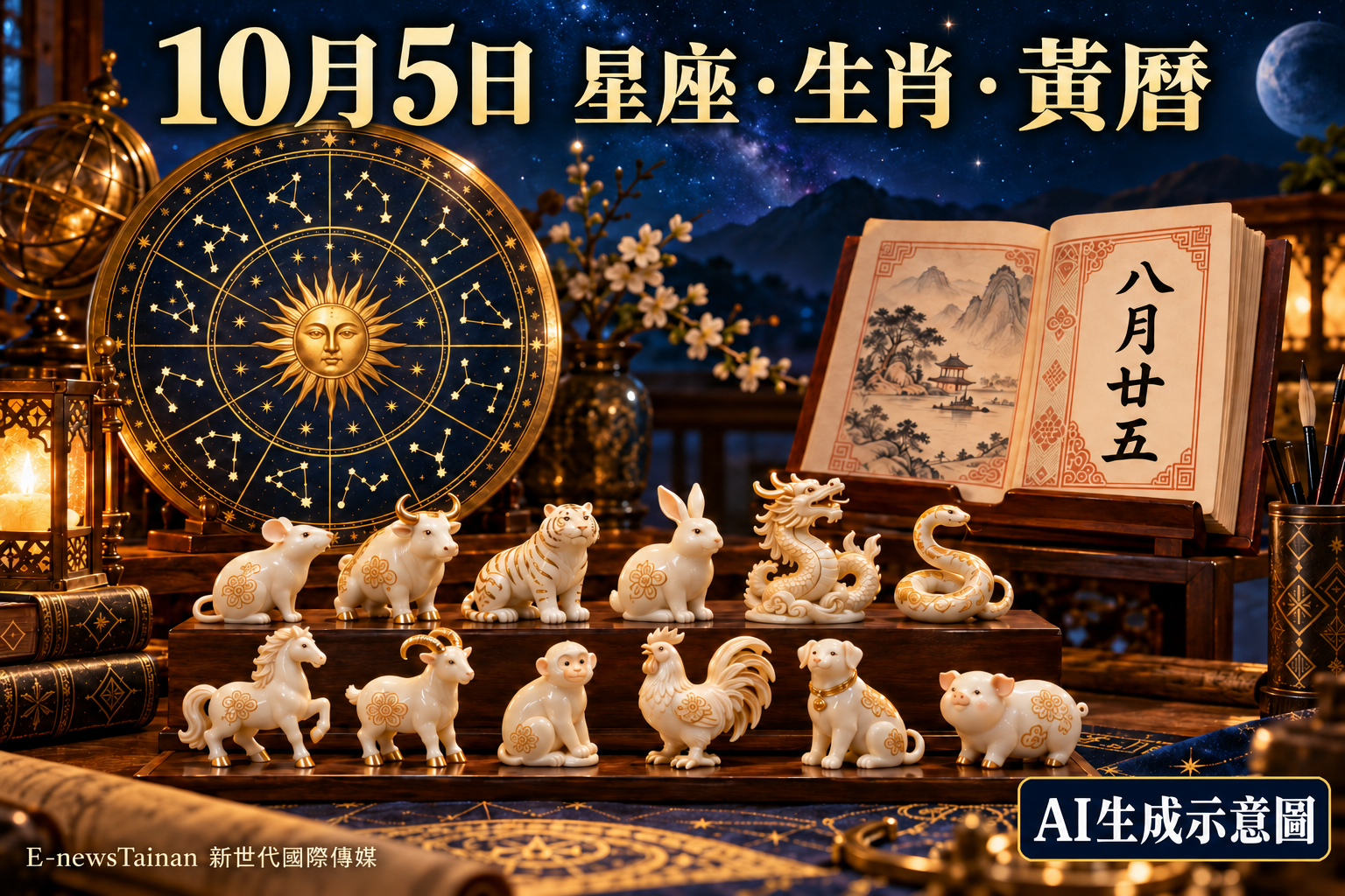 10月5日星座、十二生肖與農曆八月廿五黃曆整合插畫，標註AI生成示意圖