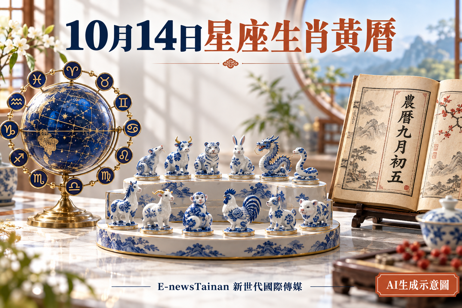 2026年10月14日星座、十二生肖與農曆九月初五黃曆整合圖，標註AI生成示意圖