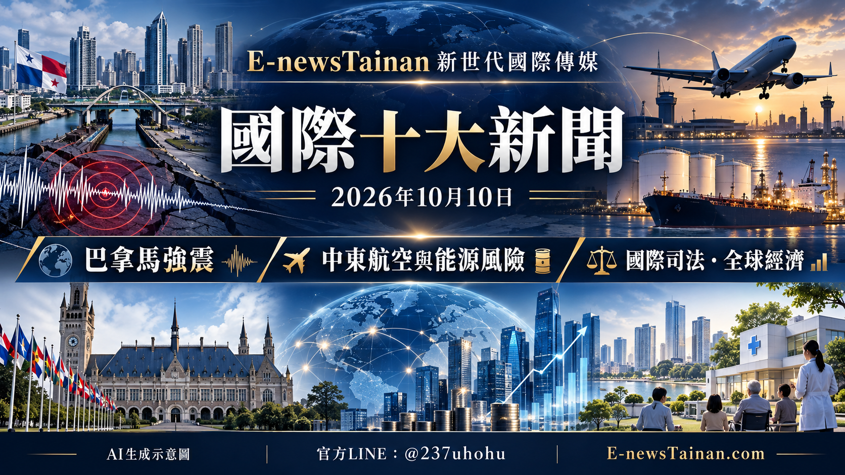 E-newsTainan國際十大新聞：巴拿馬強震、中東航空與能源風險、國際司法與全球經濟，AI生成示意圖