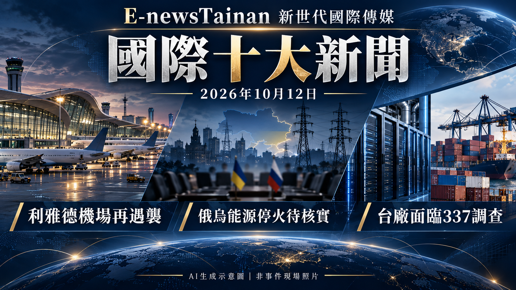 利雅德機場再遇襲、俄烏能源停火待核實、台廠面臨337調查；AI生成示意圖，非事件現場照片