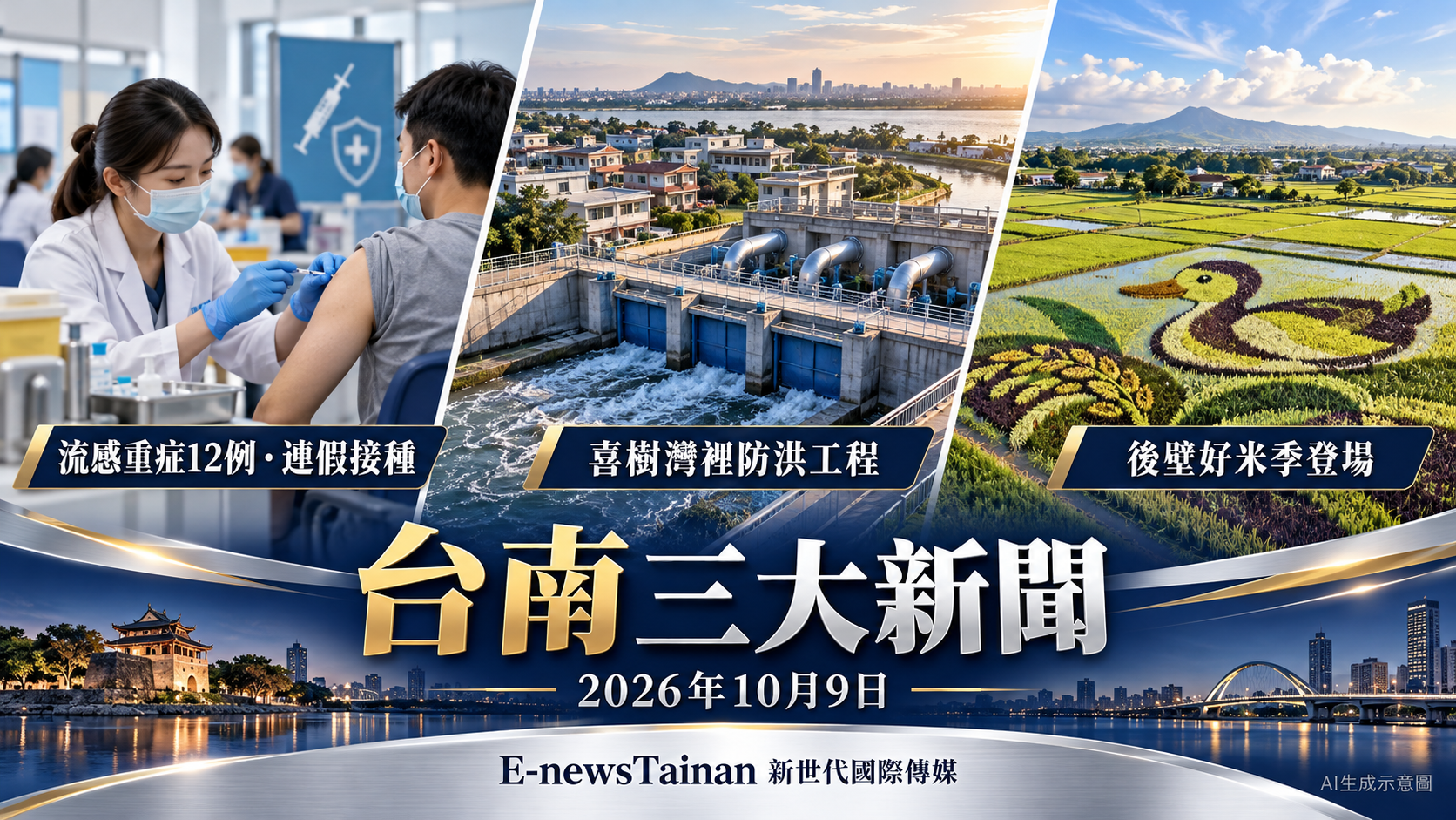 2026年10月9日台南三大新聞AI生成示意圖，呈現疫苗接種、喜樹灣裡防洪及後壁稻田