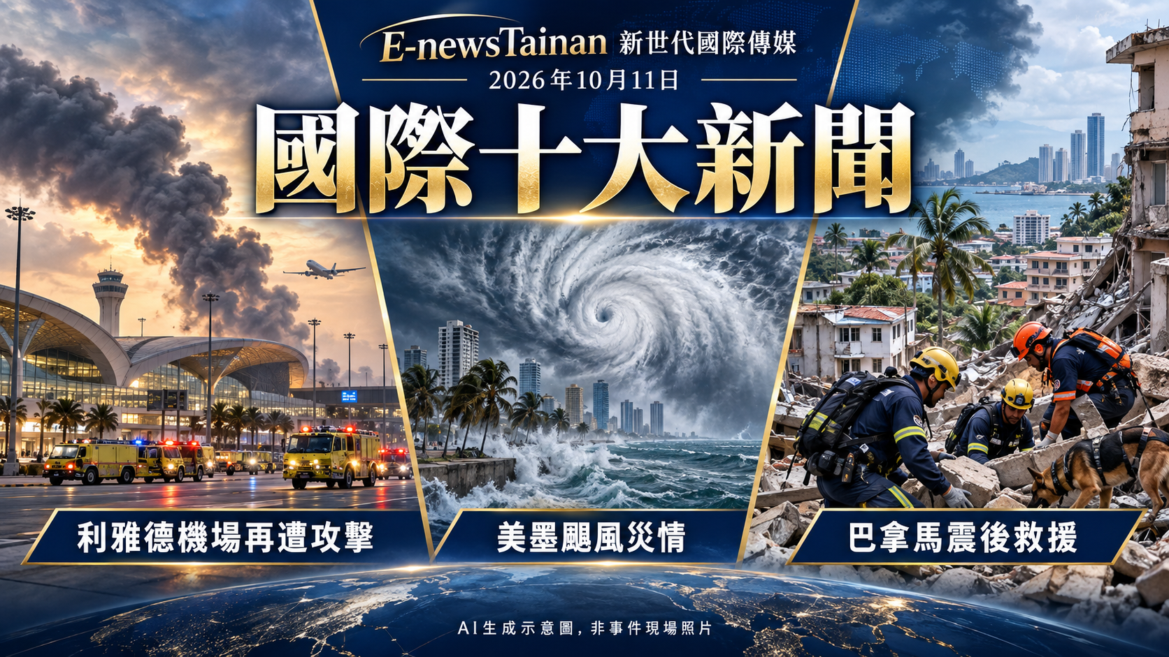 E-newsTainan國際十大新聞：利雅德機場再遭攻擊、美墨颶風災情、巴拿馬震後救援。2026年10月11日，AI生成示意圖，非事件現場照片。
