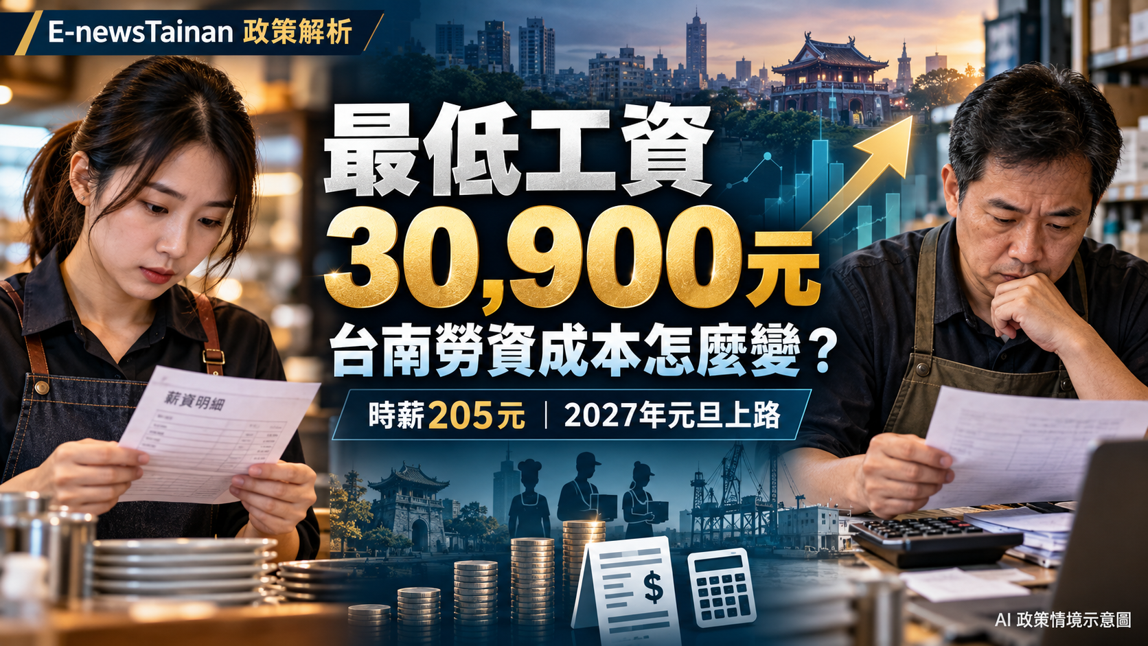 最低工資調升至月薪30,900元、時薪205元，台南勞資成本政策解析示意圖