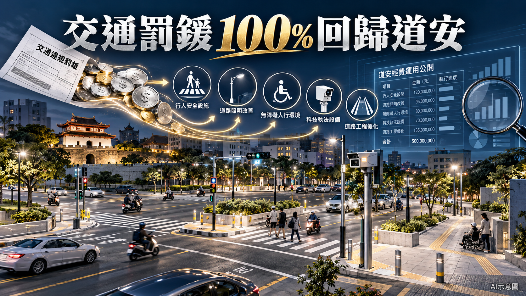 交通罰鍰100%回歸道安與台南道安帳本AI示意圖