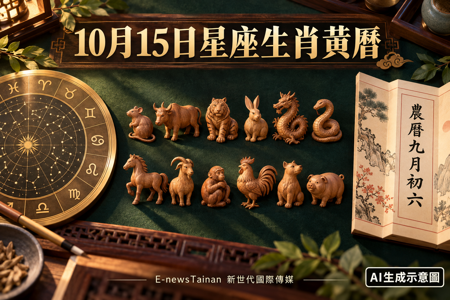 10月15日星座星圖、十二生肖木雕與農曆九月初六黃曆，標註AI生成示意圖及E-newsTainan新世代國際傳媒