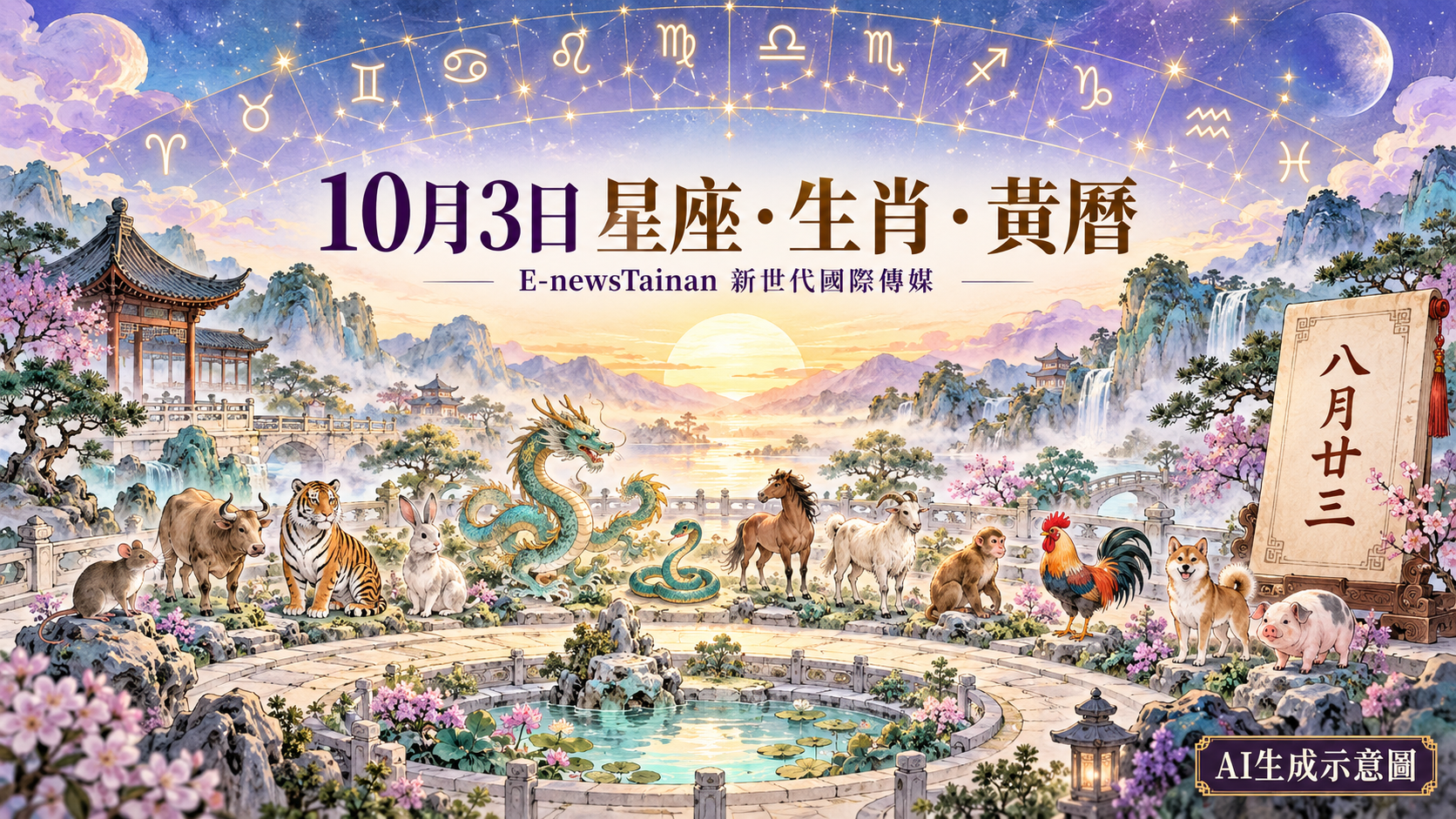 10月3日星座、十二生肖與農曆八月廿三黃曆整合插畫，標註AI生成示意圖