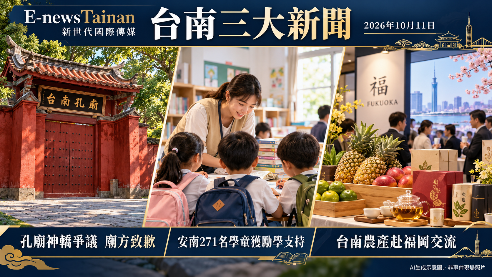 台南三大新聞：孔廟神轎爭議廟方致歉、安南271名學童獲勵學支持、台南農產赴福岡交流；AI生成示意圖，非事件現場照片