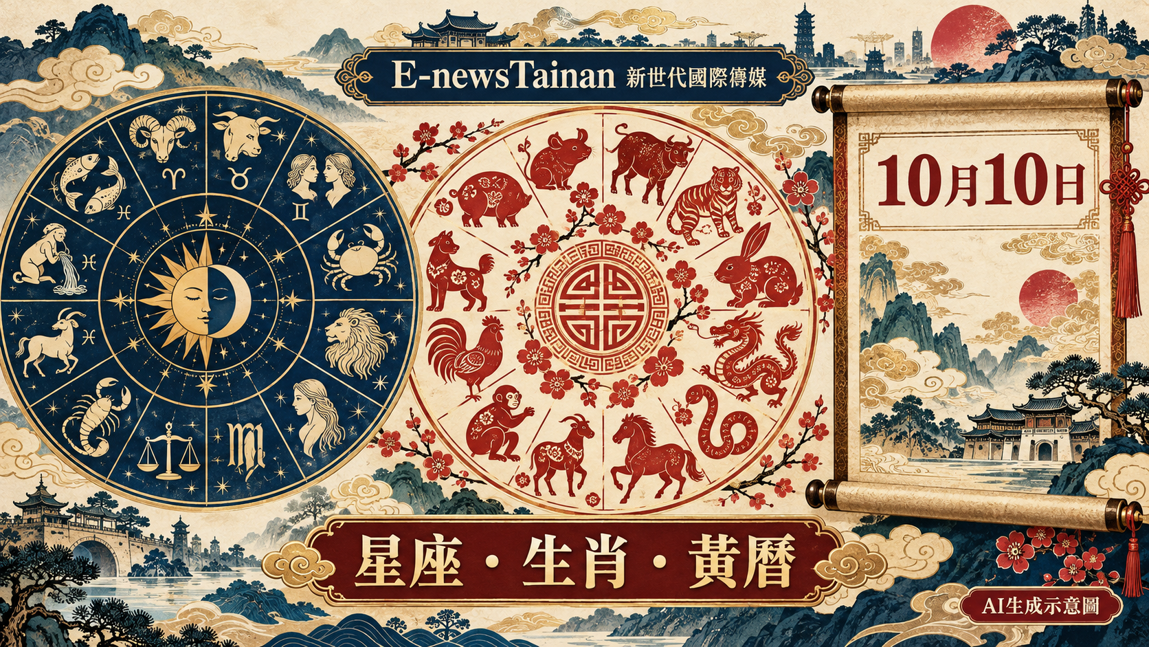 2026年10月10日星座、十二生肖與黃曆整合插畫，圖中標示AI生成示意圖及E-newsTainan新世代國際傳媒