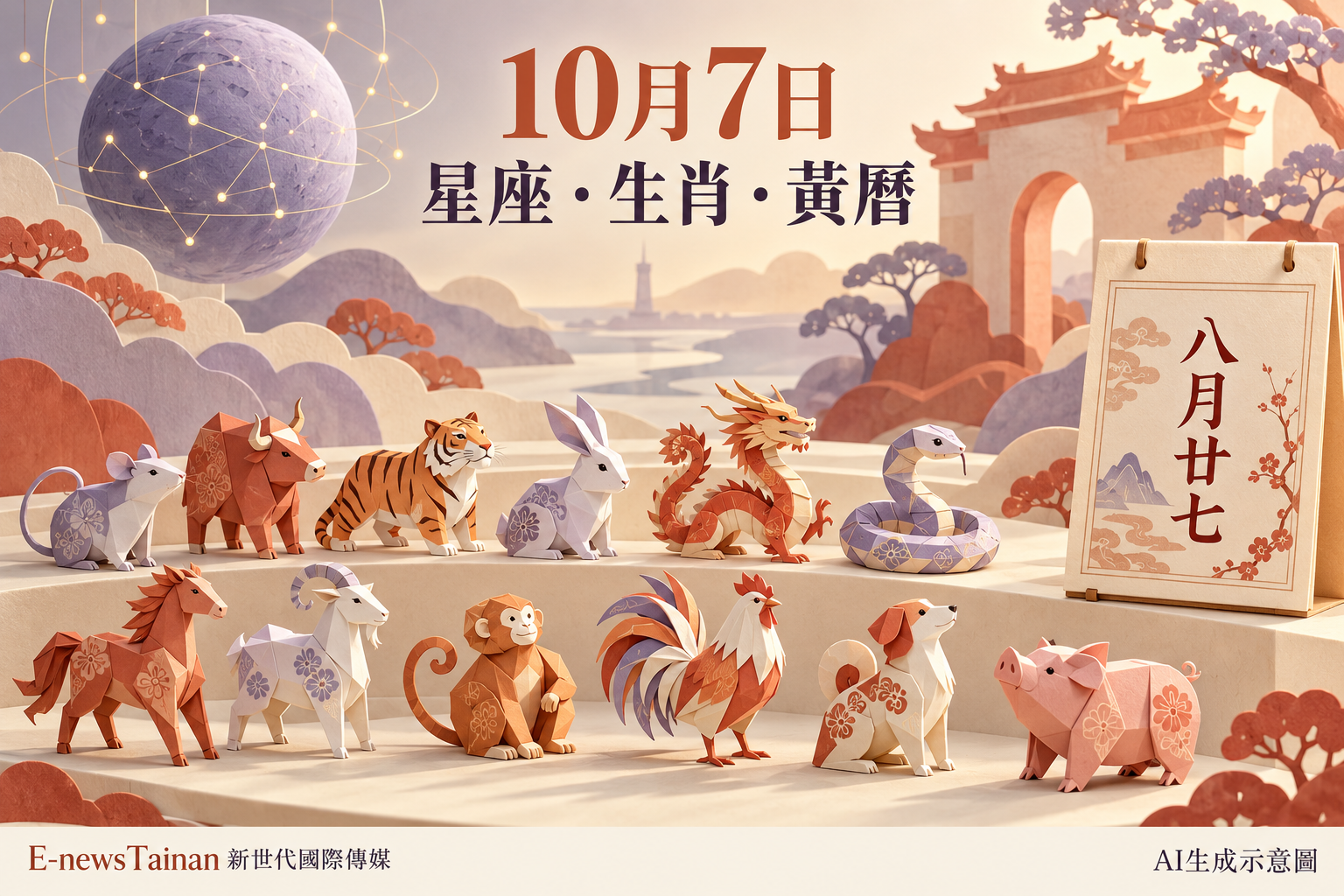 10月7日星座星圖、十二生肖紙雕與農曆八月廿七黃曆整合插畫，標註AI生成示意圖及E-newsTainan公司名稱