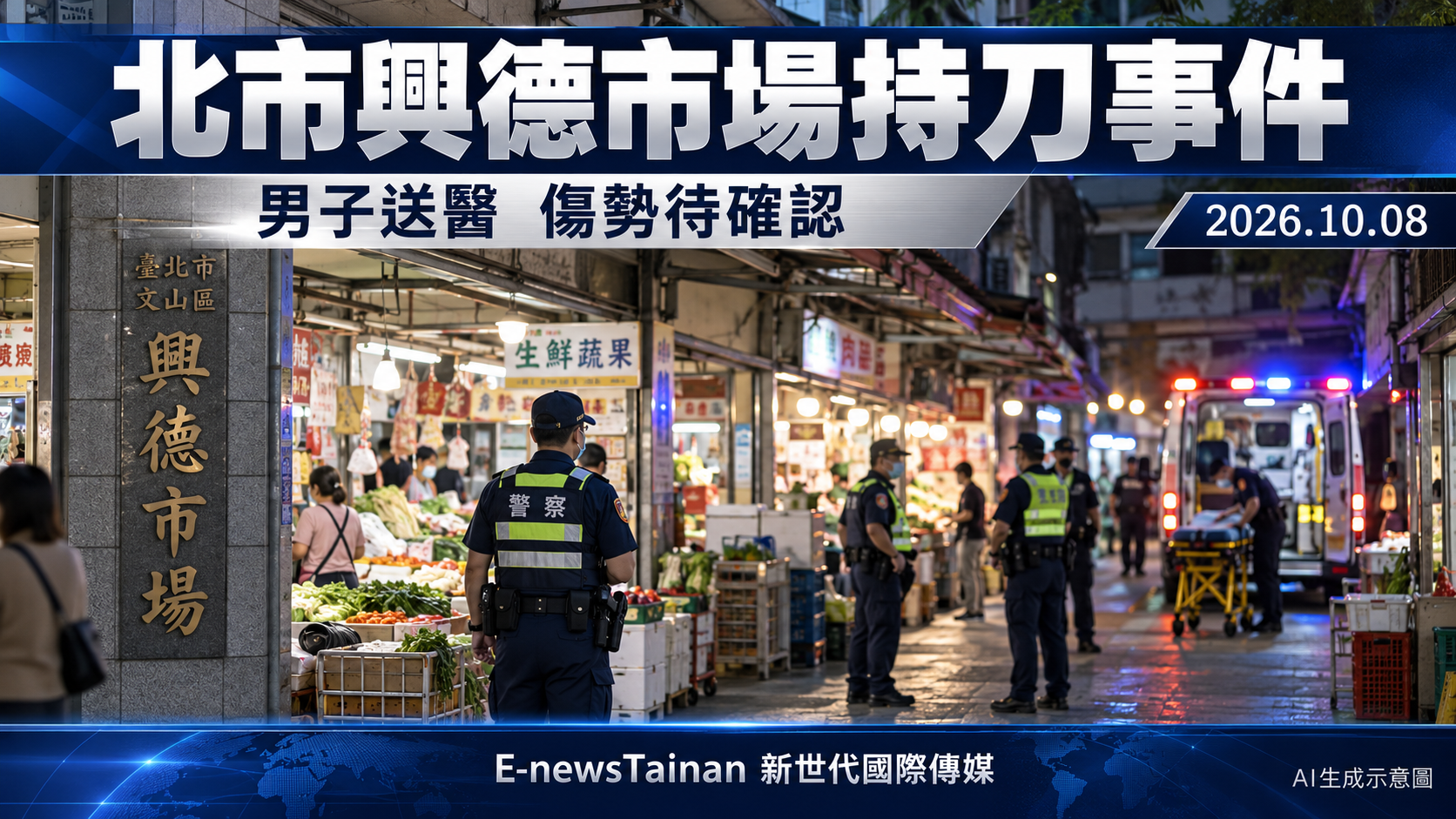 臺北市文山區興德市場持刀事件，警方與救護人員到場情境的AI生成示意圖