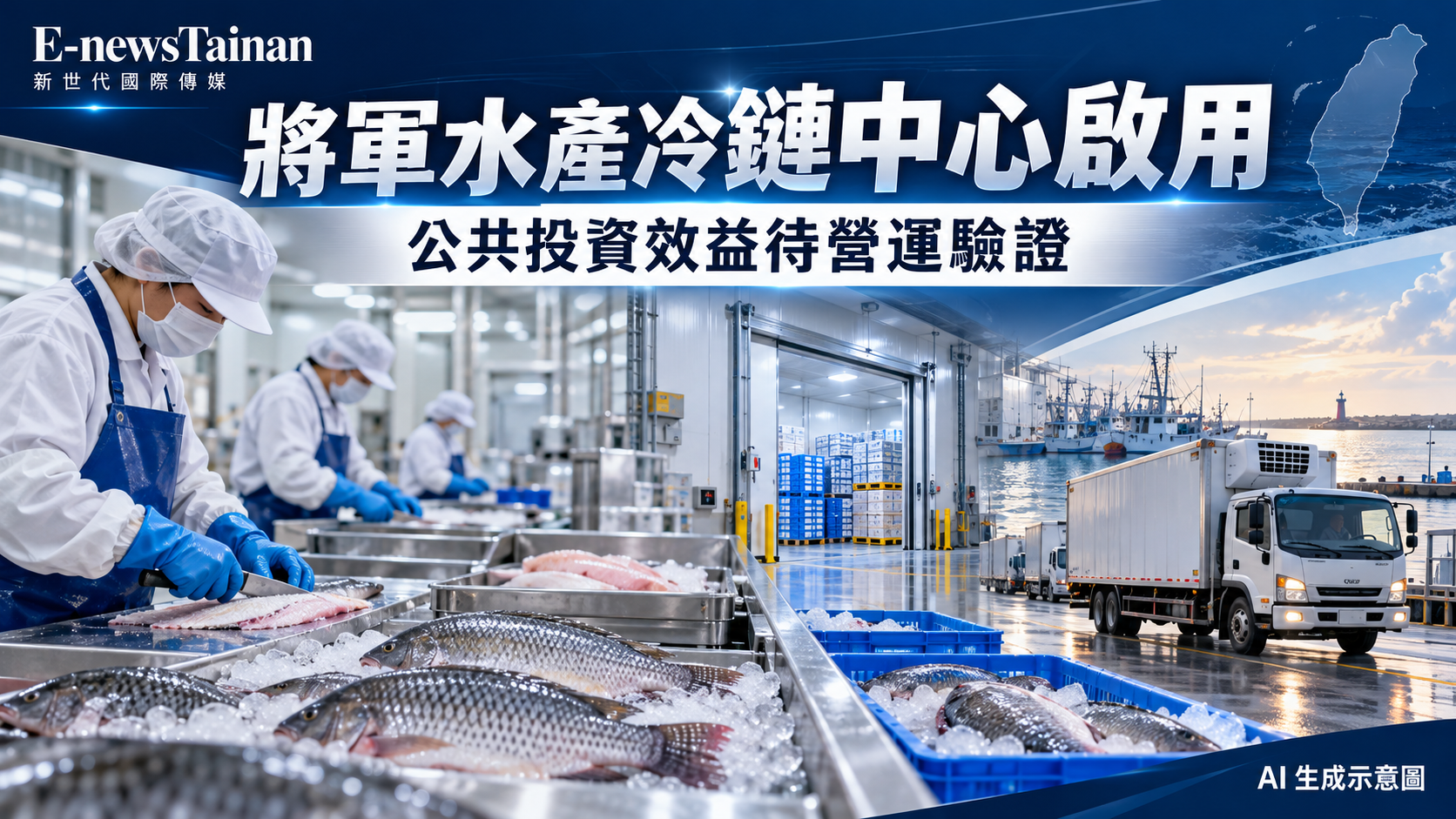 台南將軍水產冷鏈報導配圖，呈現水產加工、冷藏倉儲與物流概念；AI生成示意圖，非現場照片