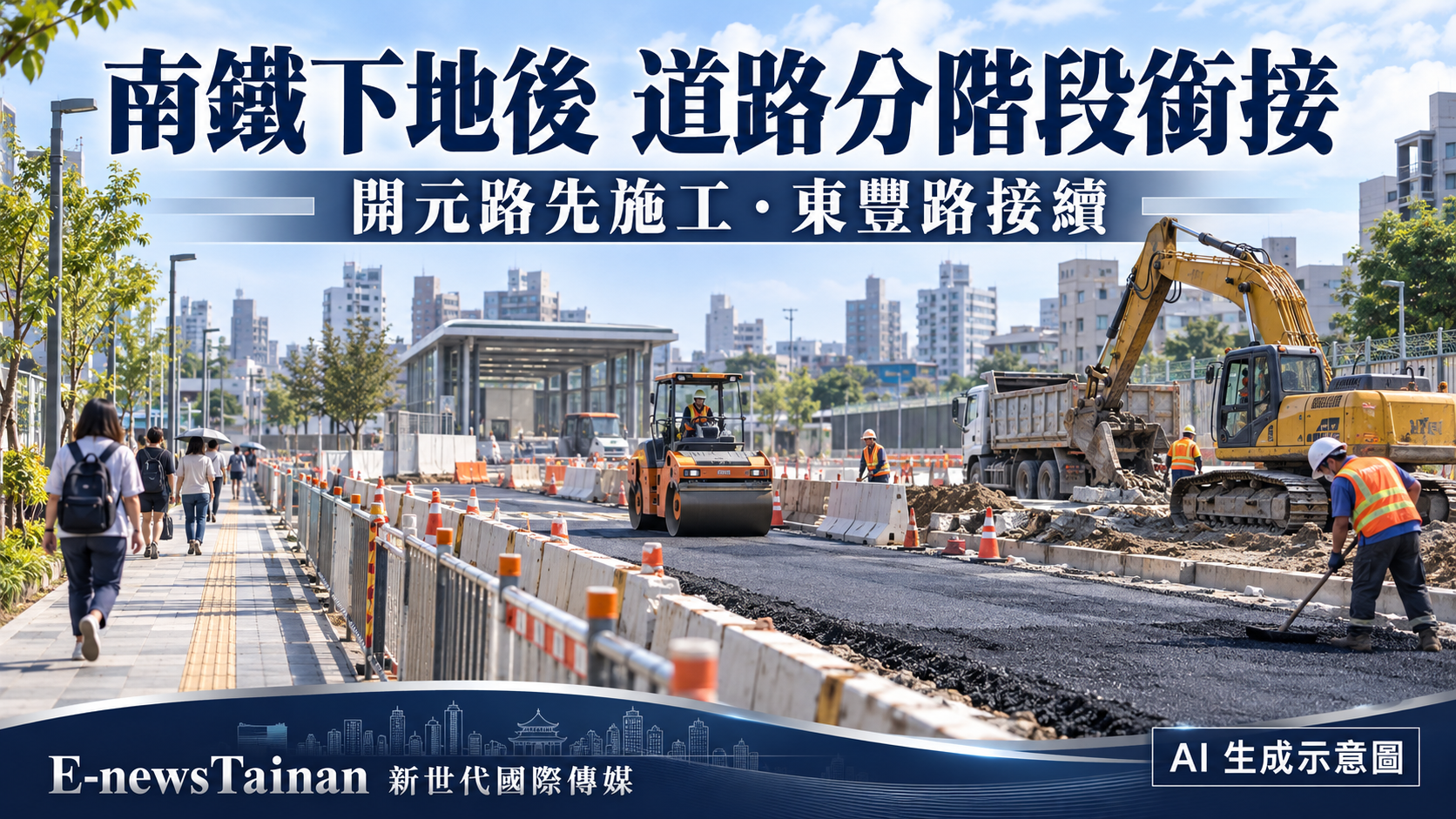 台南鐵路地下化後道路分階段施工的AI生成示意圖，非現場照片