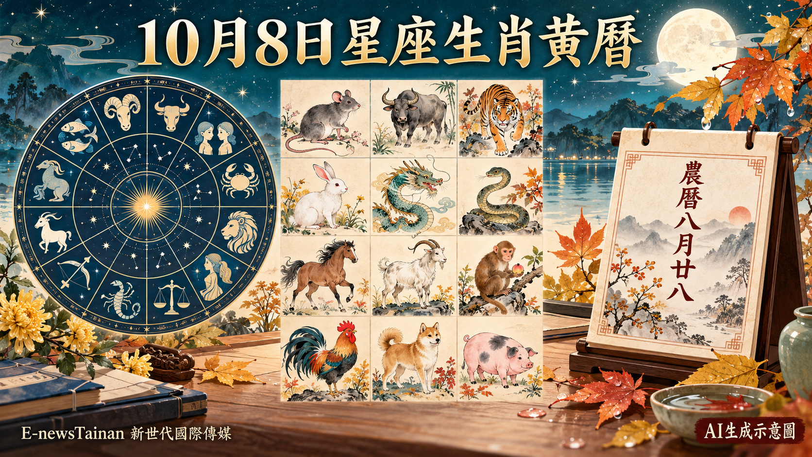 星座圓盤、十二生肖水墨格圖與農曆八月廿八黃曆，圖上標註AI生成示意圖及E-newsTainan新世代國際傳媒