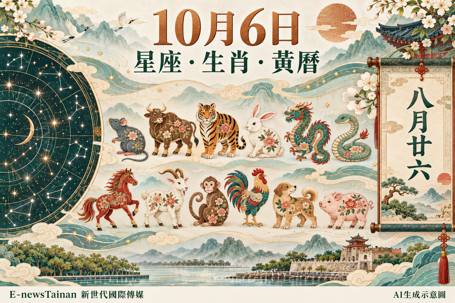 10月6日星座星圖、十二生肖刺繡及農曆八月廿六黃曆整合插畫，標註AI生成示意圖與E-newsTainan公司名稱