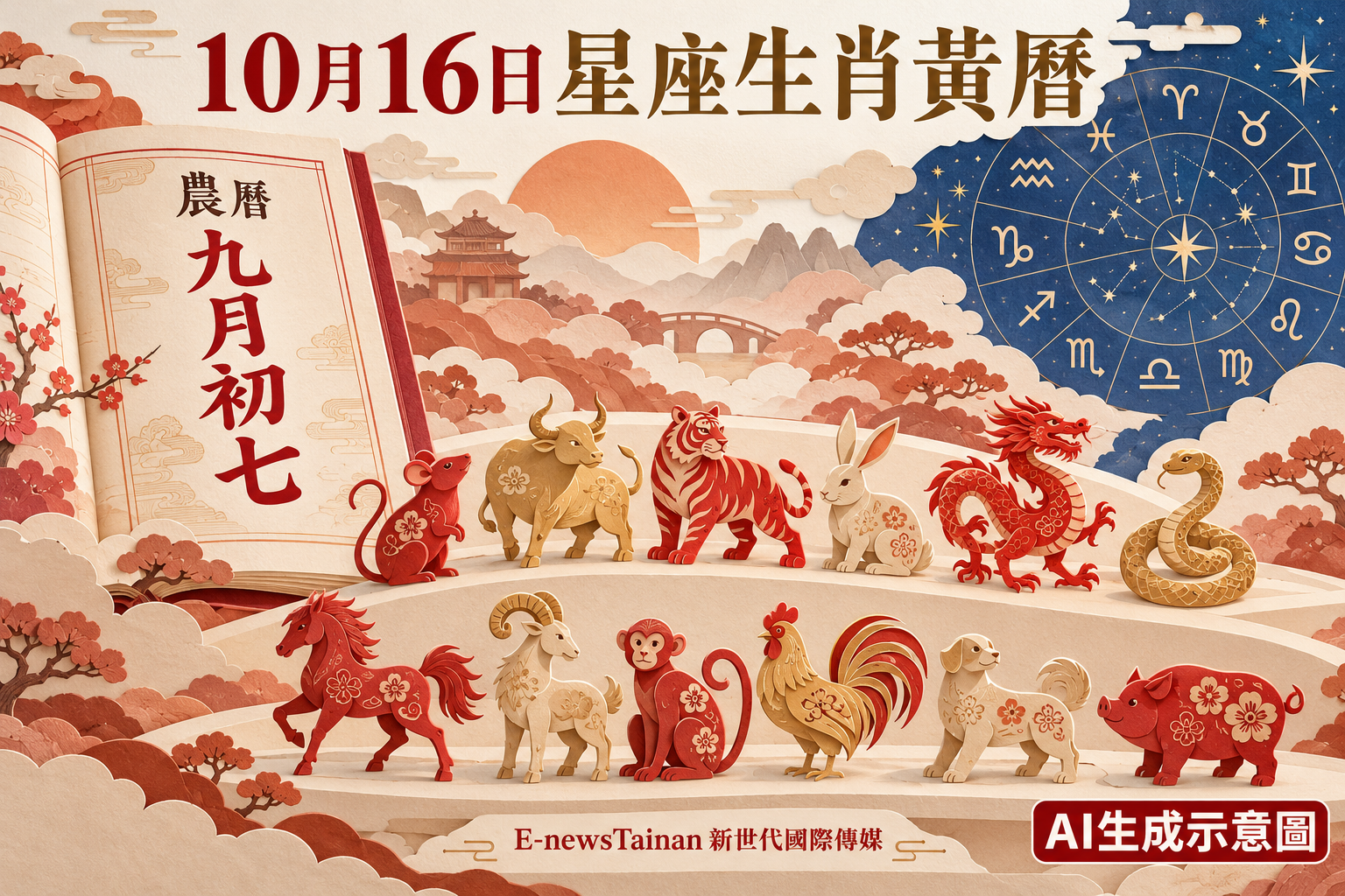 10月16日十二生肖紙藝、星座星圖與農曆九月初七黃曆整合圖，標註AI生成示意圖及E-newsTainan新世代國際傳媒